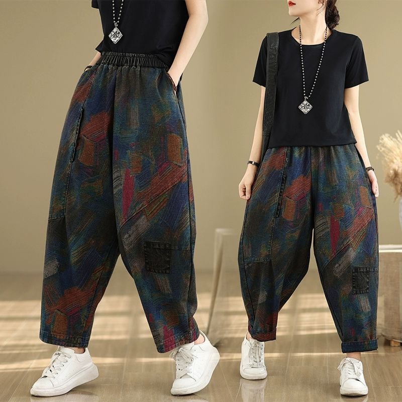 PRINT DENIM ELASTIC WAIST HAREM PANTS 1color M-11581