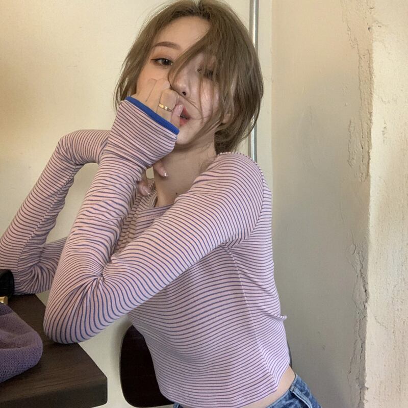 スプリングスリムカラーストライプTシャツ シャツ ショートトップス 春物 スーパーモール33936708395