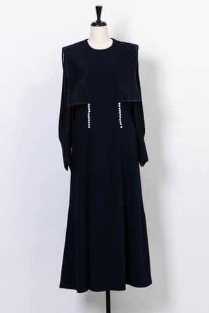 Pearl Lace BoxCollar Combi Dress　DARK NAVY