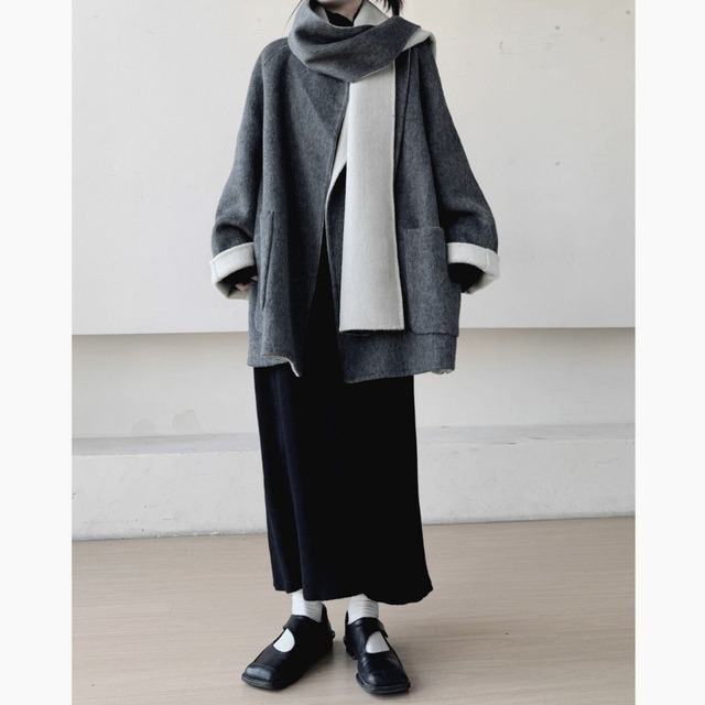 Loose collarless coat and muffler set【2color】 C0868
