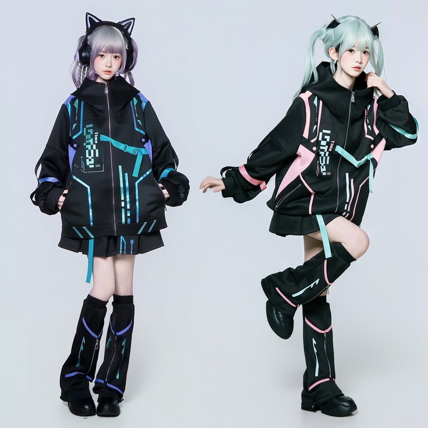 ロリータ洋服 サイバーパンク 3点 セットアップ 電脳少女 近未来 セットアップ