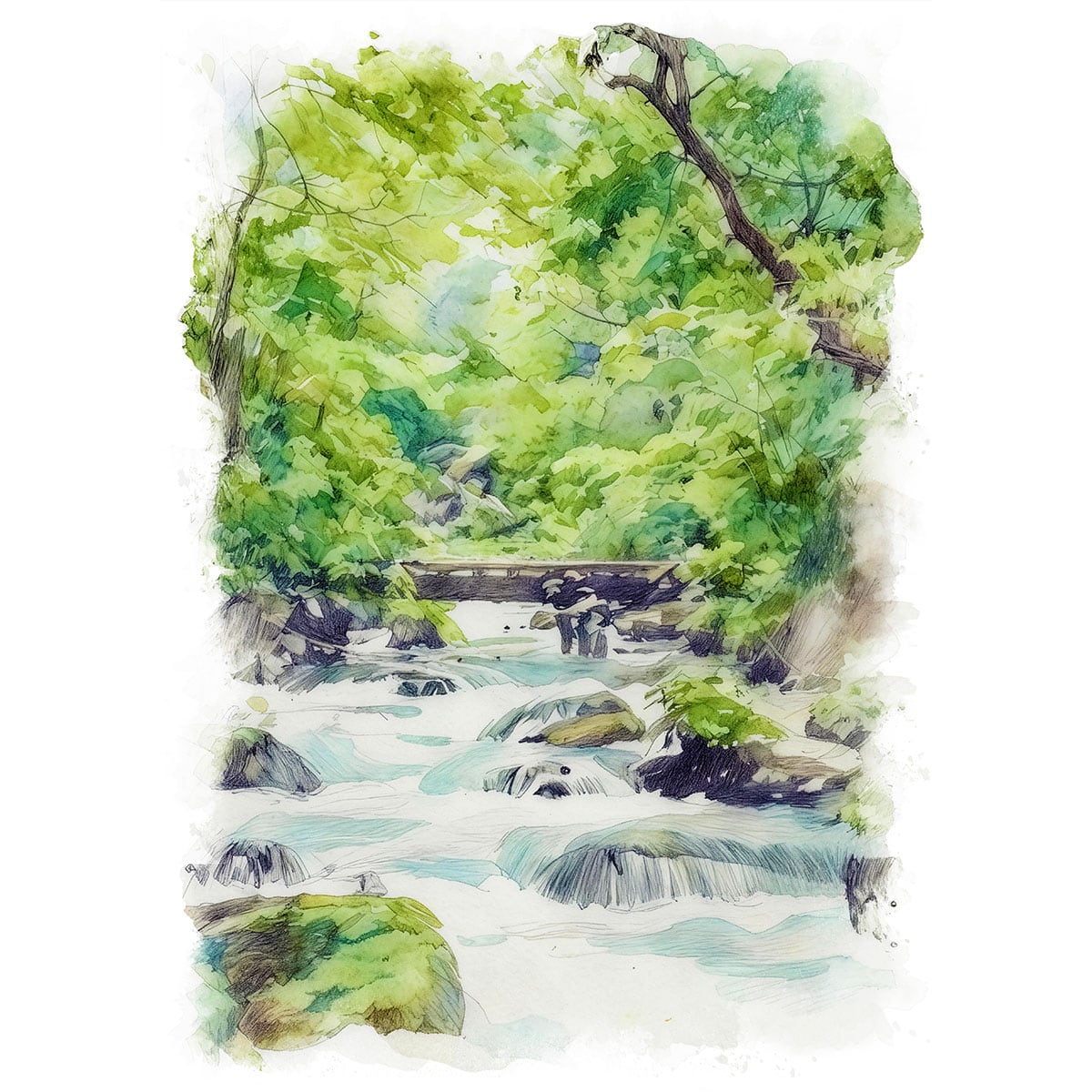 絵画 日本 奥入瀬渓流 風景画 インテリアアート額付き 水彩画・油絵風 WAT0177