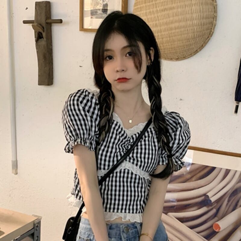 ショート格子柄スリーブシャツ レディースサマースタイルVネックスリムレーストップス 夏物 ステッチ YY-ファッション26285392388