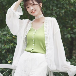 【送料無料】カーディガン 無地 長袖 シンプルデザイン フリル フレア袖 夏 日焼け防止 体系カバー ショート丈 大人可愛い こなれ感 コンサバ系 プチプライス 30代 40代  ママ服 レディースファッション 可愛い お出かけ 女子会 デイリーユース お茶会 お呼ばれ