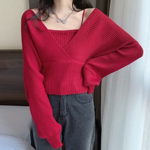 レイヤード風 ニット トップス レディース 韓国 重ね着 肌見せ 春秋冬 おしゃれ 大人 かわいい カジュアル ボリューム袖 バックリボン セーター リブニット 大人可愛い 大人女子