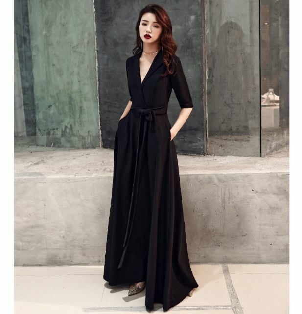 襟付き シンプル 無地 Vネック ロングドレス カシュクール デザイン ウエストリボン Xxs 4l Ka225 Kanoa ドレスショップ