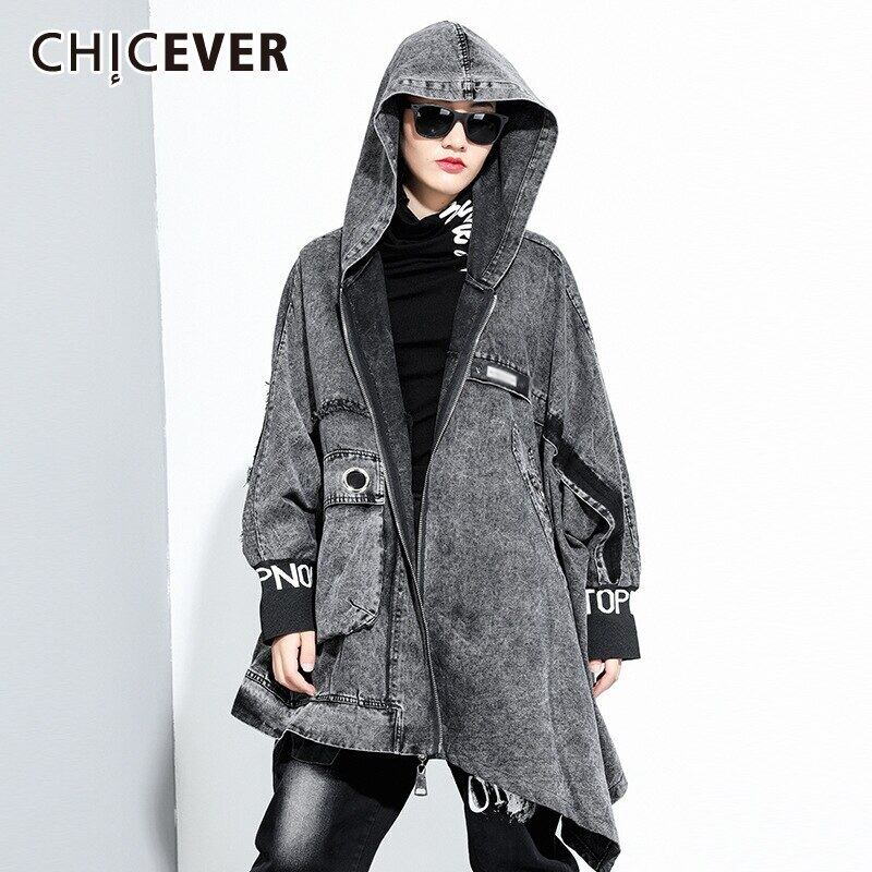 CHICEVERヴィンテージジャケットレディースフード付きカラー長袖レタープリントパッチワークアシンメトリーヘムジャケット2020スタイル ロング ビンテージ 6base527597372374