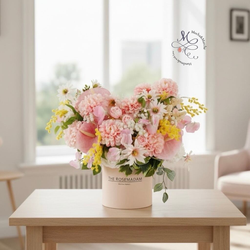 光触媒フラワー 華やかで豪華なダリアとミモザの花いっぱいボックス