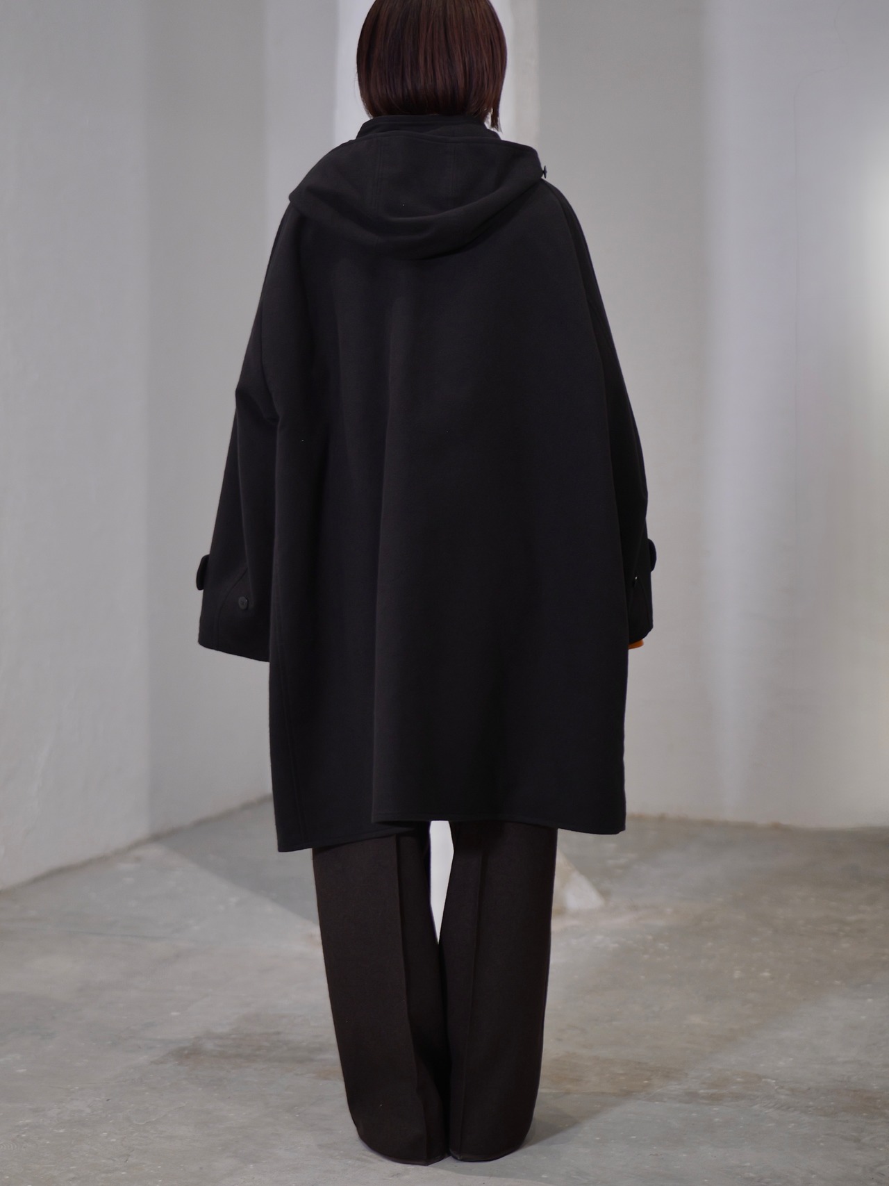 METHO - Front-Open Hooded Coat :Black|コットンシルク/紐留めフロント/ワークポケット