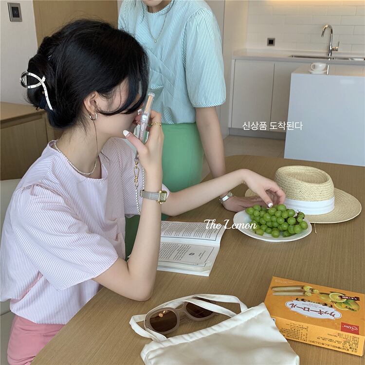 ストライプスリーブカラーブロックシャツ サマースリムラウンドネック半袖トップス ショート ハーフスリーブ 夏物 Oネック ビッグFスモールZ韓国30893952809