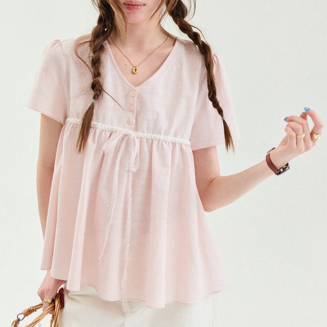 v neck gathered peplum short sleeve top