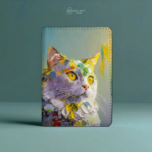 手のひらの中の絵画展~凛々しい猫さん~　二つ折りパスケース　定期入れ　テクスチャ―アート