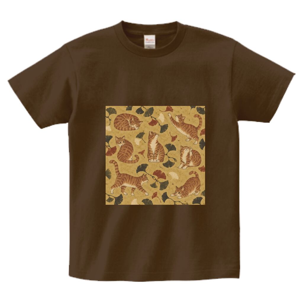猫づくし「茶トラと銀杏」|和モダン猫柄 ヘビーウェイトTシャツ・ダークブラウン