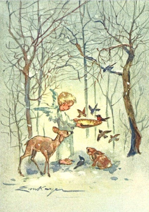 スイス製　『森の小鳥に餌をやる天使』　天使　小鳥　バンビ　鹿　ポストカード　クリスマス