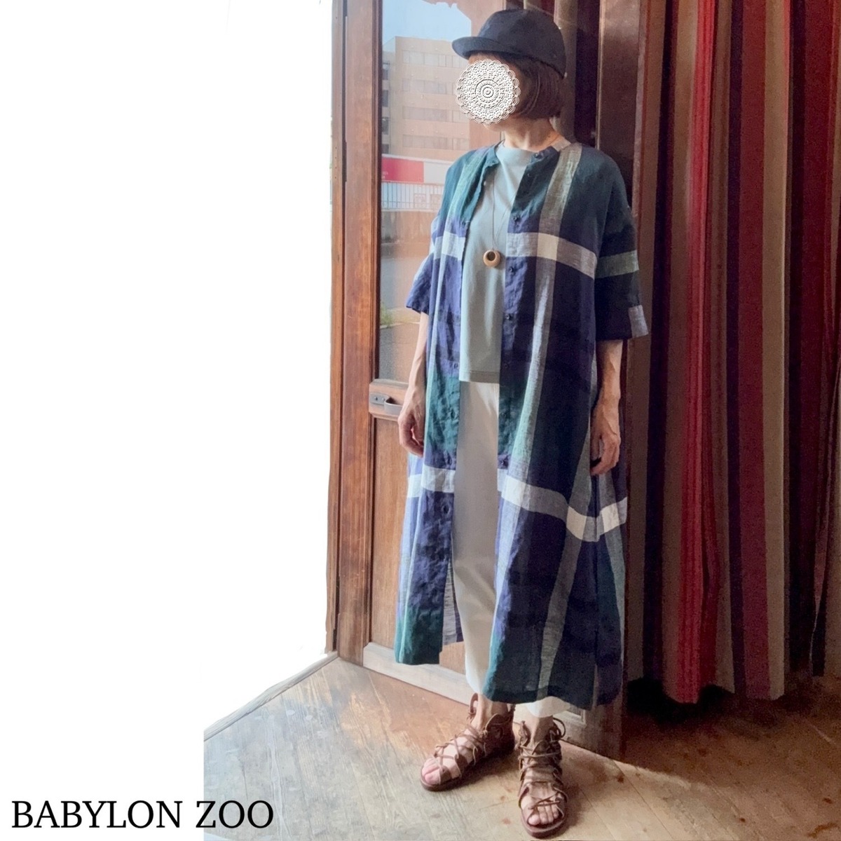 blue willowのリネンパネルチェック羽織りワンピース・ネイビー 