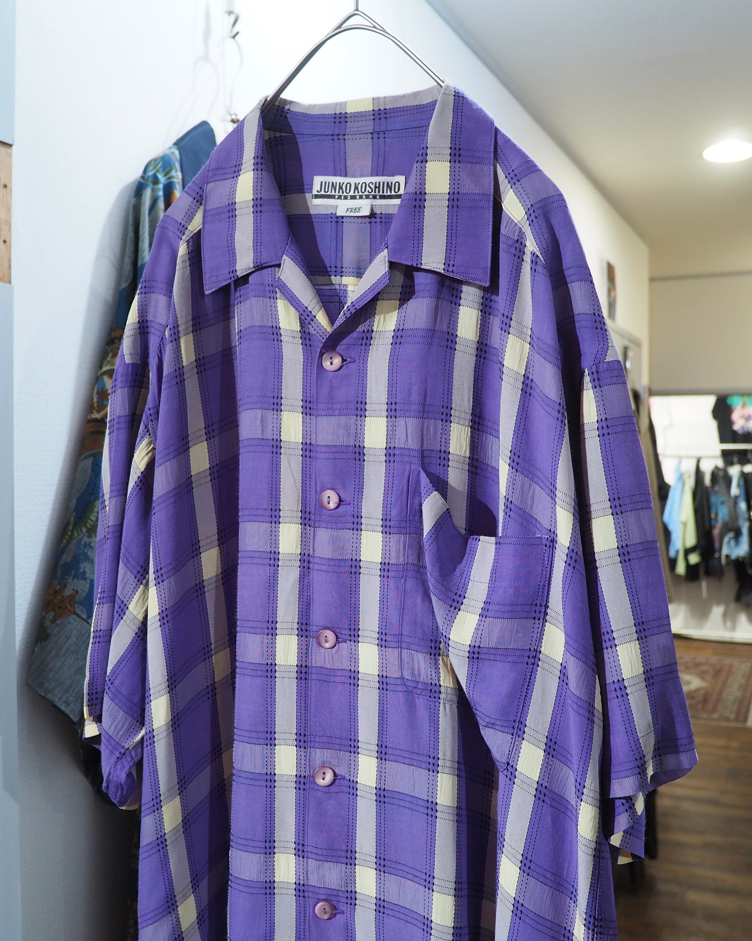 1990s " JUNKO KOSHINO " White Purple Check pattern vintage Open collar SS shirt
