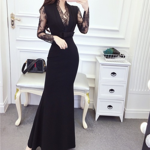 ドレス ワンピース マーメイド ロング丈 袖あり 長袖 Vネック 刺繍 無地 タイト シースルー キャバ セクシー 秋 春夏 レディース　BADA0162