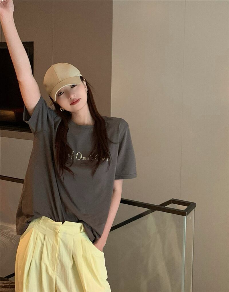 ベーシックプリントTシャツ サマー薄手カジュアルルーズラウンドネックトップス 夏物 Oネック ブラックストロベリース34632613057