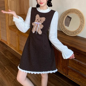 2種／ベア刺繍ハイネックドッキングワンピ ・73832