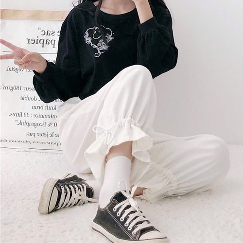✞ 裾フリルカジュアルパンツ ストレッチウエストすっきり☆着痩せワイドレッグ♬カワイイ♥ エラスティック 伸縮 ワイドパンツ ✞ゴスロリ SM ミリ 甘ロリ クラロリ 和ロリ エレガント 黒ロリ 姫ロリ 華ロリ BB-BB0460721
