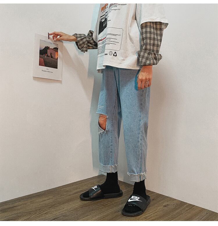 全1色 デニム パンツ ストレート カジュアル ダメージ