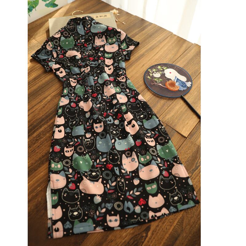 俏娘魚シリーズ チャイナドレス ワンピース 猫模様 猫 ネコ ブラック 黒い 半袖 ショート丈 Elegant