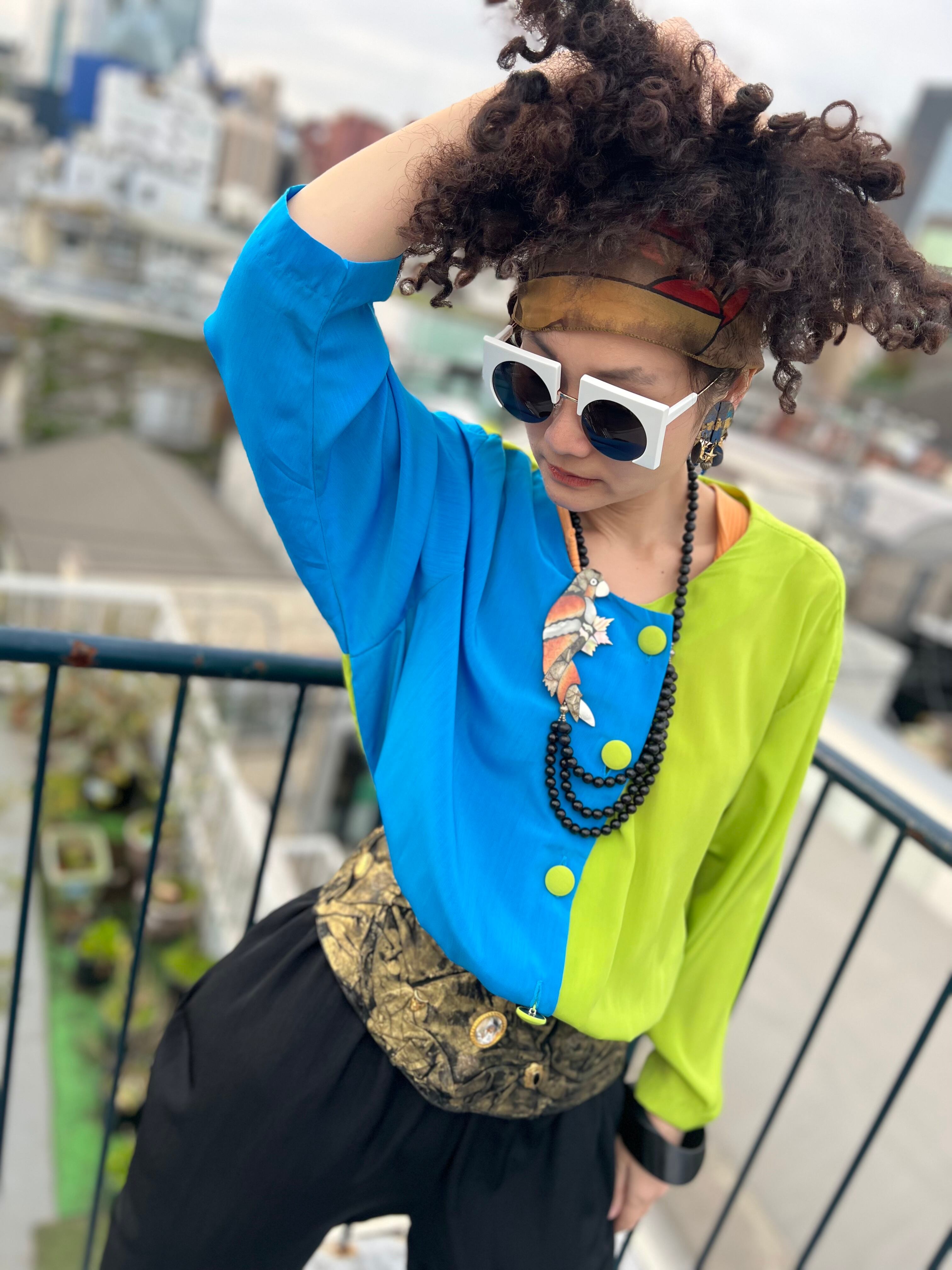 80s Big size dolman sleeve blue × pistàcchio green × black jumpsuits