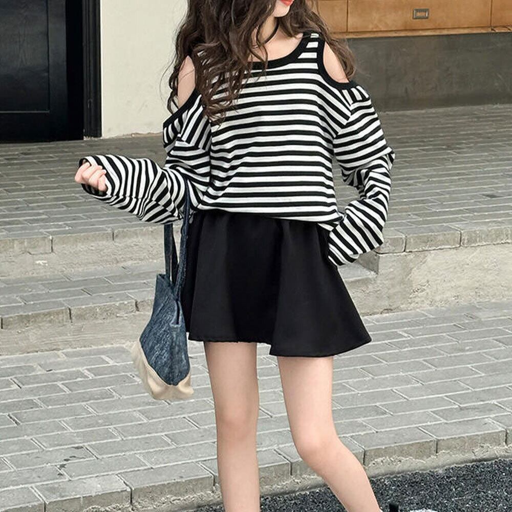 【送料無料】 子供服 女の子 肩開き スウェット シャツ 長袖 春秋 韓国 おしゃれ ボーダー柄 オフショルダー かわいい カジュアル 小学生 キッズ ゆったり 韓国ファッション 大人可愛い 大人女子