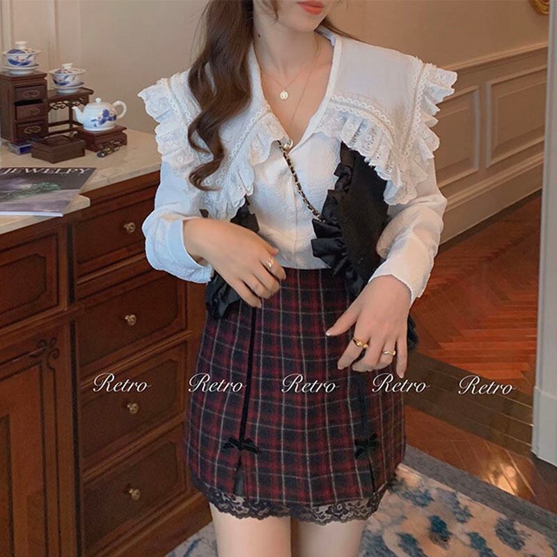 シャツ レースカラーオータムウィンタースタイルホワイトトップス ロング 秋物 冬物 ブラックストロベリース95360125484