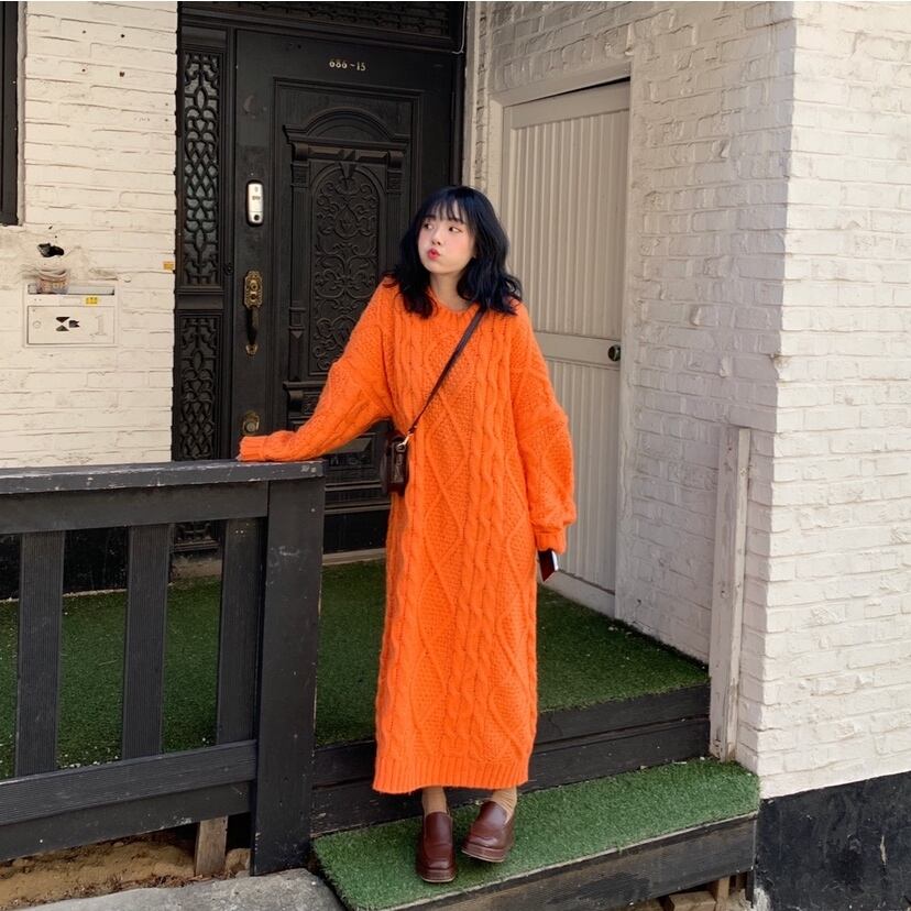 美品✨️Dw2R ローゲージニットワンピース 長袖 ケーブル編み ダークグレー