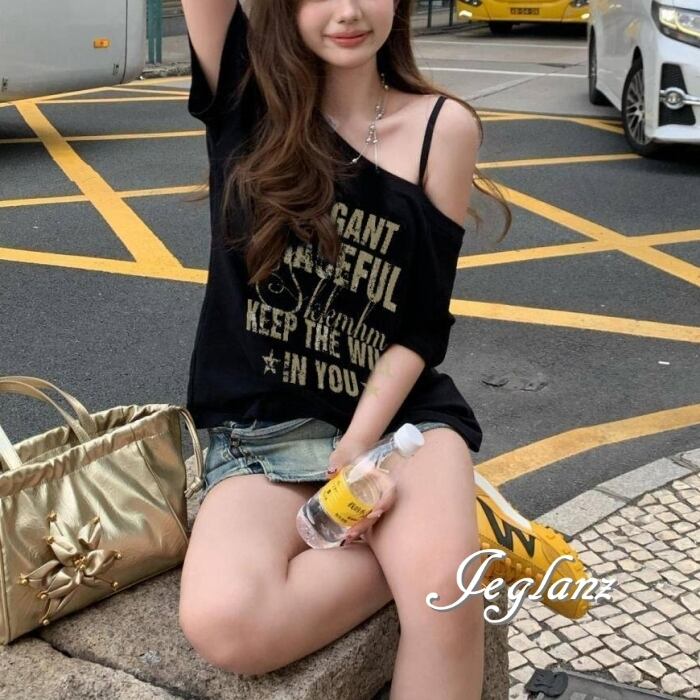 フェード 英字 プリント 半袖 ブラック Tシャツ ワンショル 韓国(MC680)β