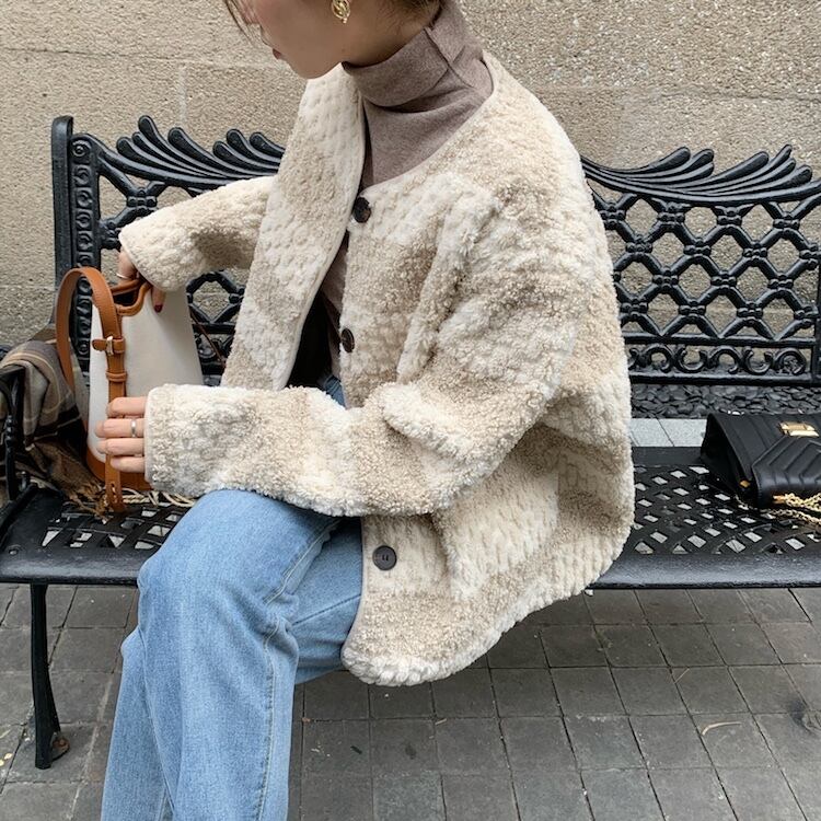 ストライプファーコート ルーズショートレディース ビッグFスモールZ韓国88047784924