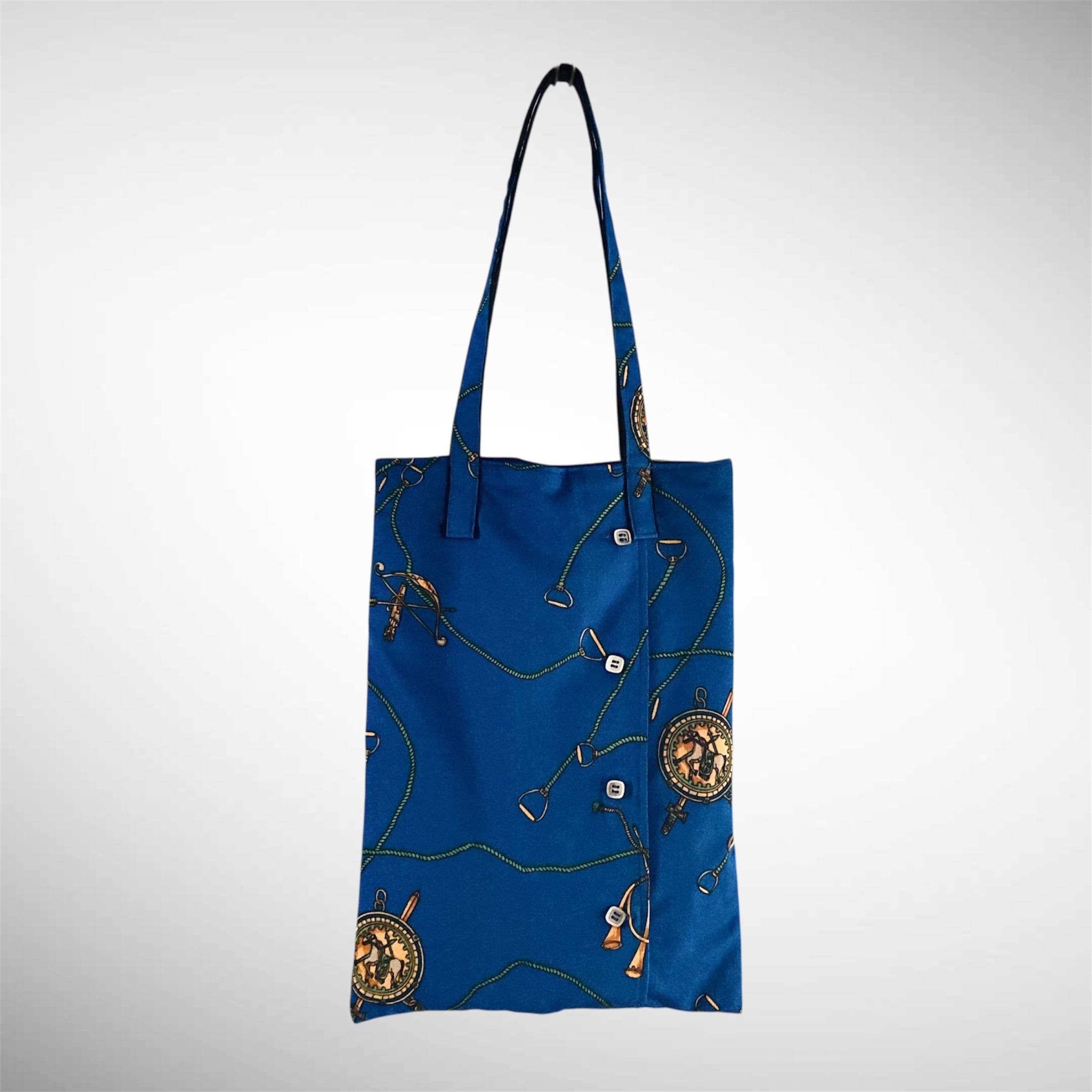 ZOZOTTE リメイクトートバッグ/70年代レトロ ロープ柄/ブルー系/ポリエステル/古着リメイク/1点物