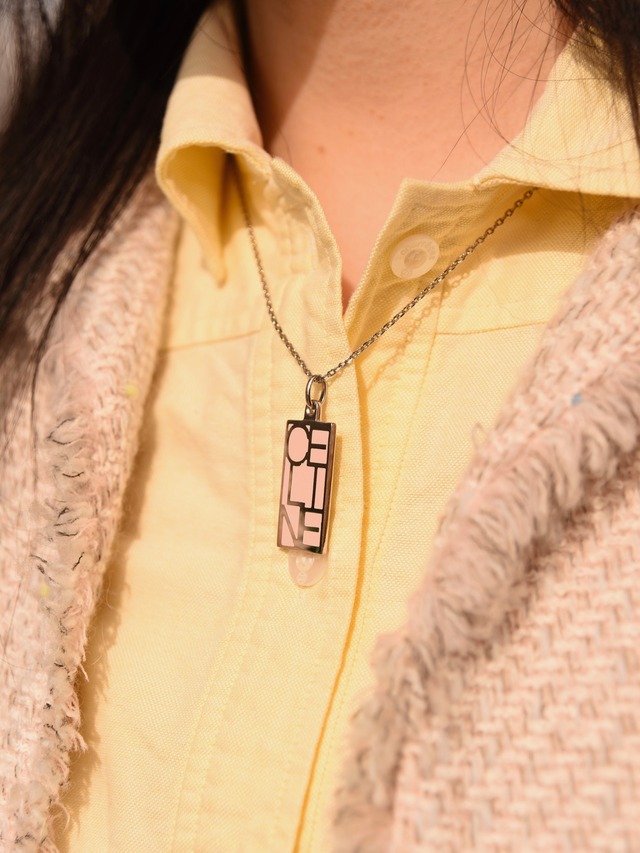 CELINE / vintage logo design pink square necklace.