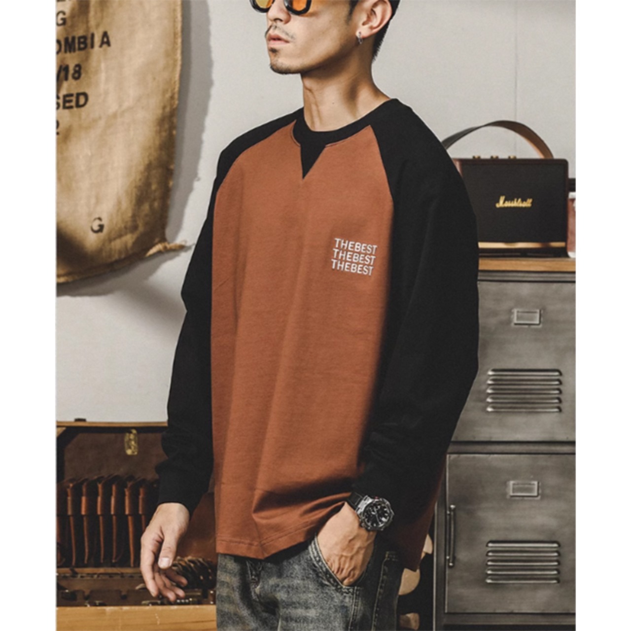 Bicolor crew neck long t-shirt 0216 - 8
