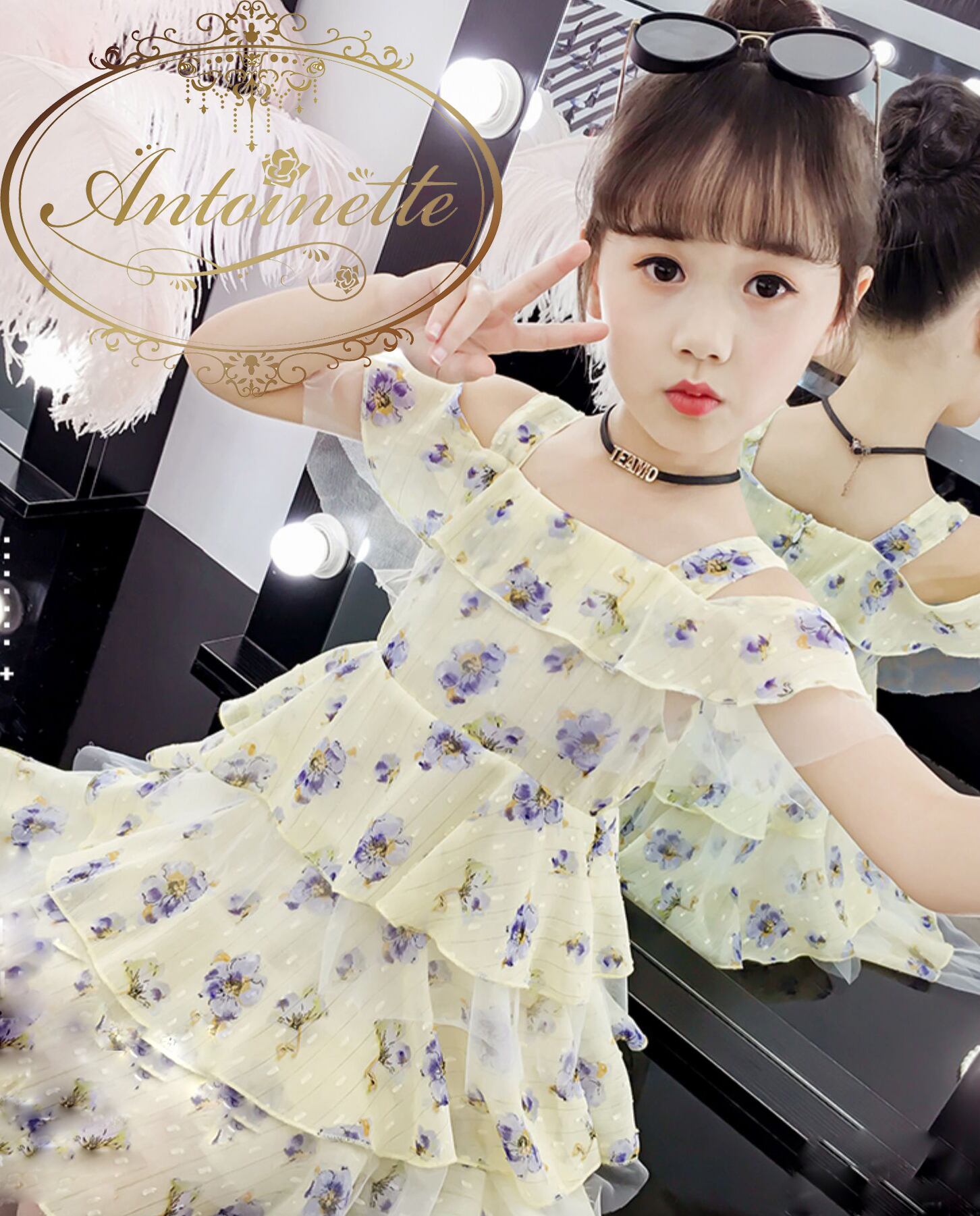 おんなのこ 花柄 ノースリーブ 夏 ワンピース 黄色 イエロー ティアード ドレス ワンピ 子供用 子供服 Antoinette