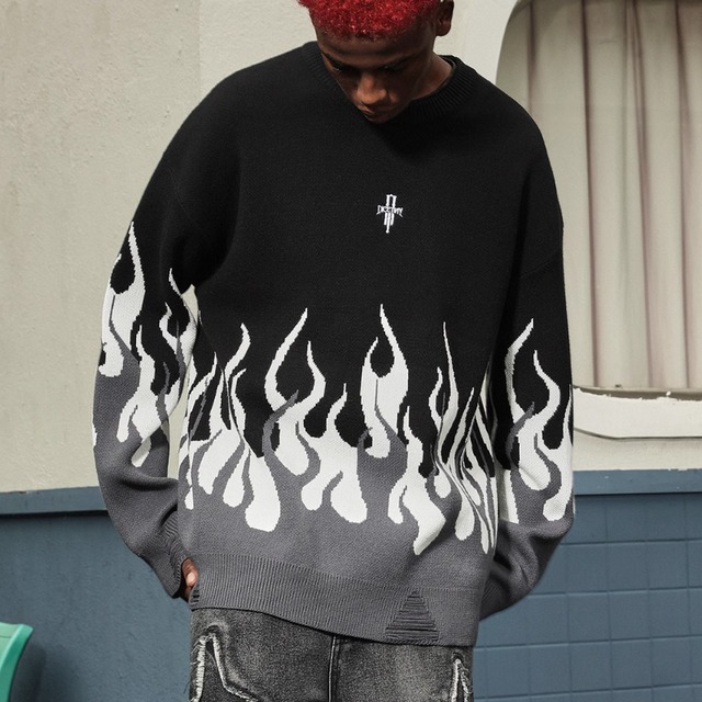 【DRIP3139】DCTY Flame Full Print Loose Knit Sweater ※お一人様2点まで