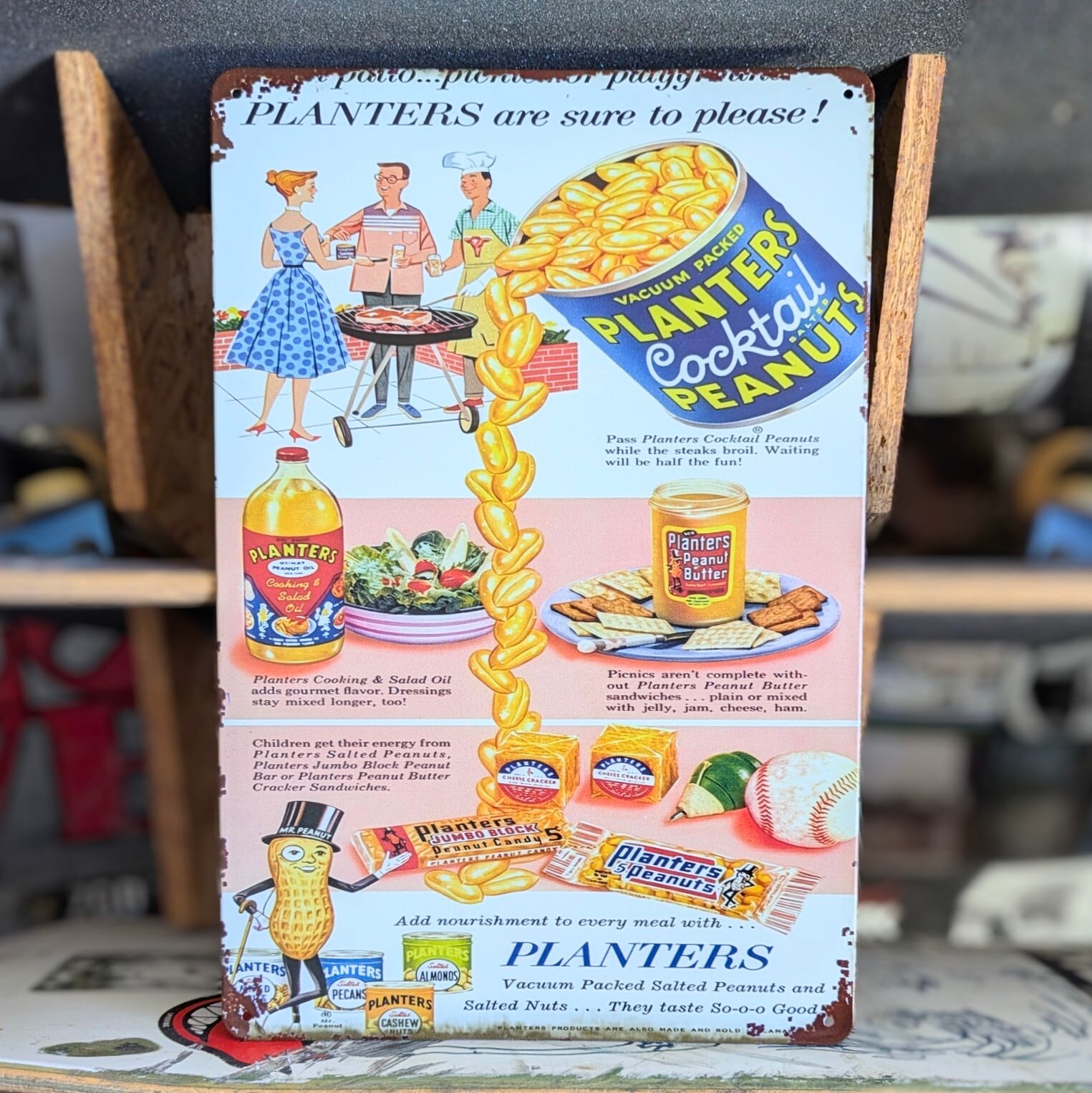 送料無料!ちょうどいいブリキ看板【 Mr.ピーナッツ / Planters 】 METAL SIGN / メタルサイン / ブリキ看板 / サインボード / ビンテージ加工 〚アメリカン雑貨 アメトイ〛