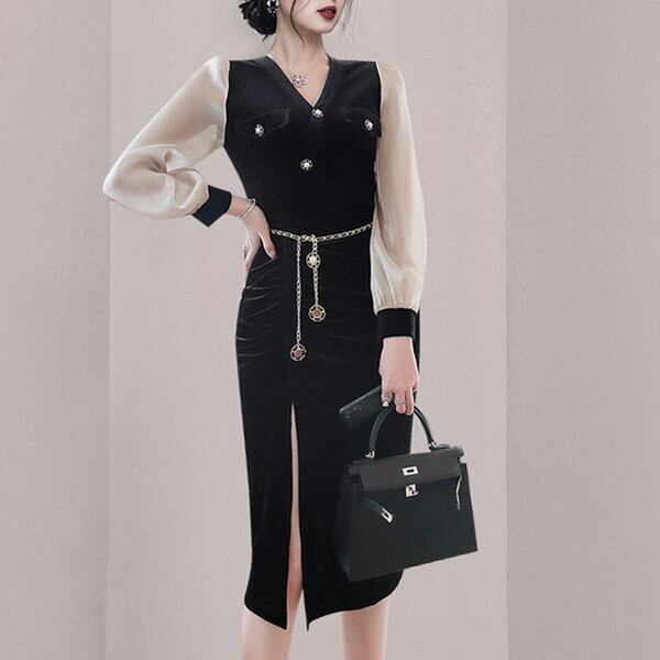 新作 21年 秋冬新作 ワンピースドレス 長袖ワンピース 膝丈ワンピース 膝下ワンピース 異素材ワンピース シアー袖 透け感 Vネック レディース スリット入りワンピース サイドスリット タイトワンピース タイトワンピ ハイウェスト ハイウエスト ワンピース 着痩せ P7932