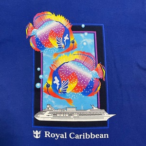 【Royal Caribbean】90s パナマ製 企業系 クルーズ船 プリント Tシャツ ロイヤルカリビアン 熱帯魚 L ブルー シングルステッチ ヴィンテージ US古着