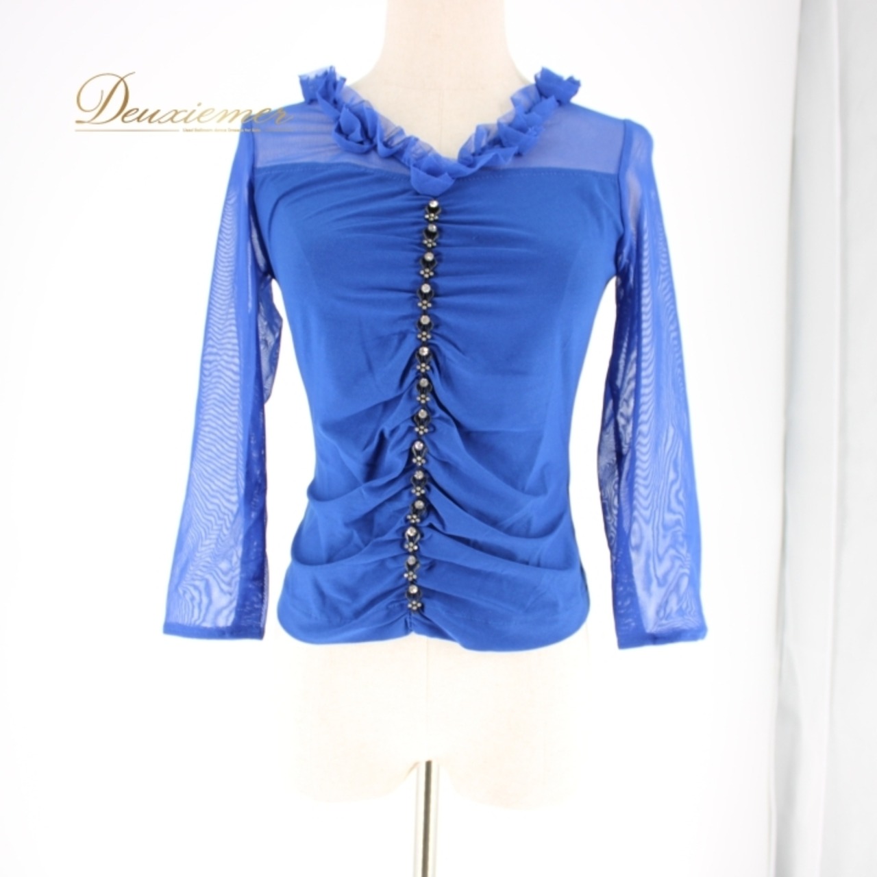 社交ダンス 衣装 スタンダード トップス レッスンウェア レディース ICHIOKU イチオク 青 ラインストーン ブルー系 長袖 レース フリル 体型カバー おしゃれ フォーマル ステージ衣装 ダンスウェア パーティー トップス レディース用 軽量 伸縮性 発表会 シンプル デザイン エレガント 上品 フリルデザイン レース素材 ストレッチ トップスブルー系