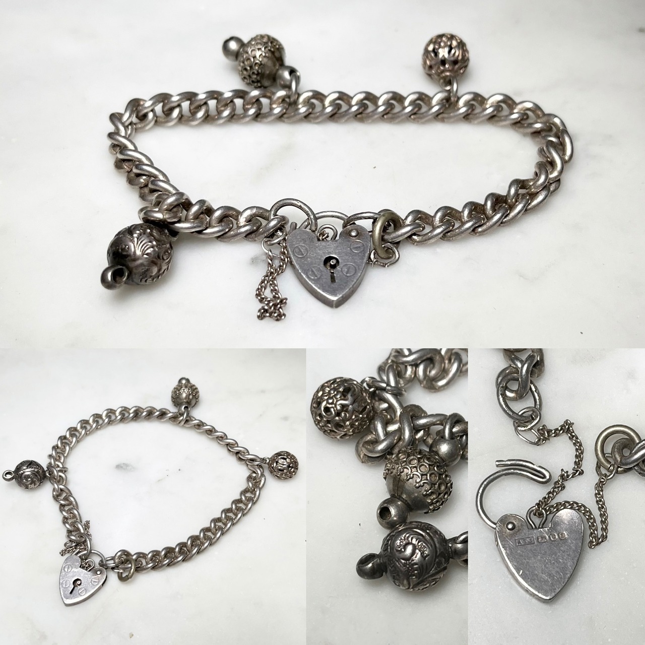 vintage 3 charm silver bracelet with padlock