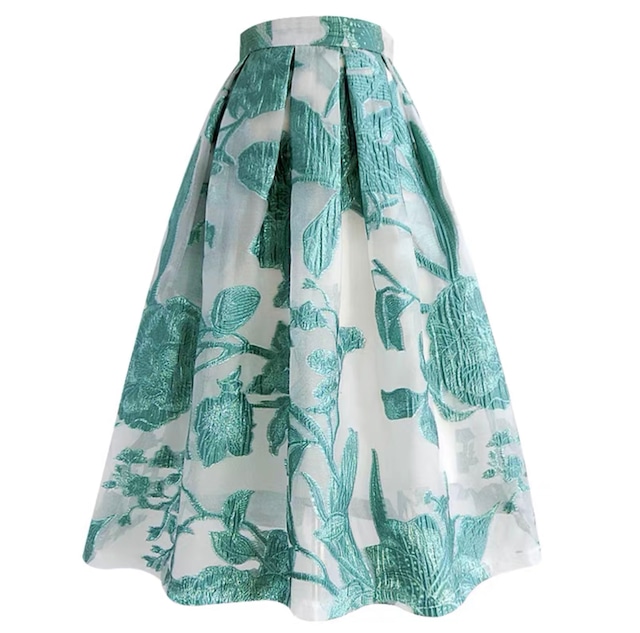 シフォン刺繍スカート　(グリーン・ピンク)