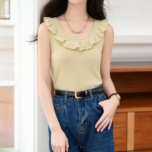 フリルトリムラウンドカラーノースリトップス ・76515