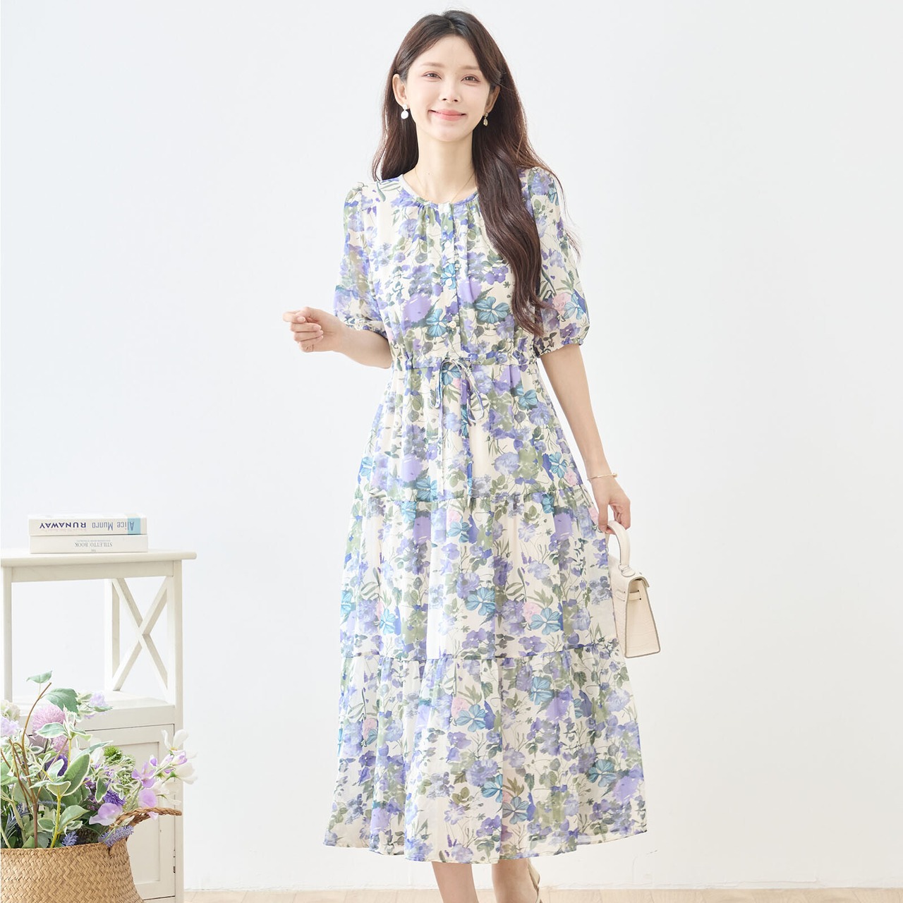 TRUBE ウエストリボンシフォン花柄マキシワンピース【M~L】アイボリー