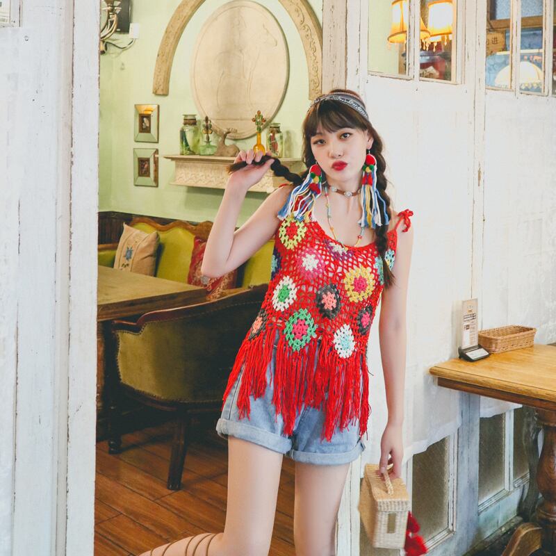 ボヘミアンエスニックスタイルスタンダードサマー レッド コットン レトロ 夏物 延命家ファッション167656067