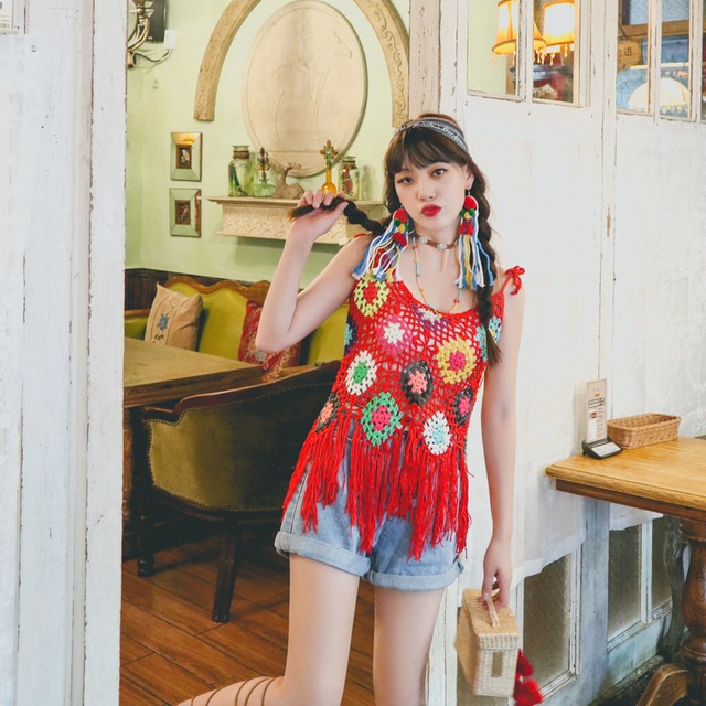 ボヘミアンエスニックスタイルスタンダードサマー レッド コットン レトロ 夏物 延命家ファッション167656067