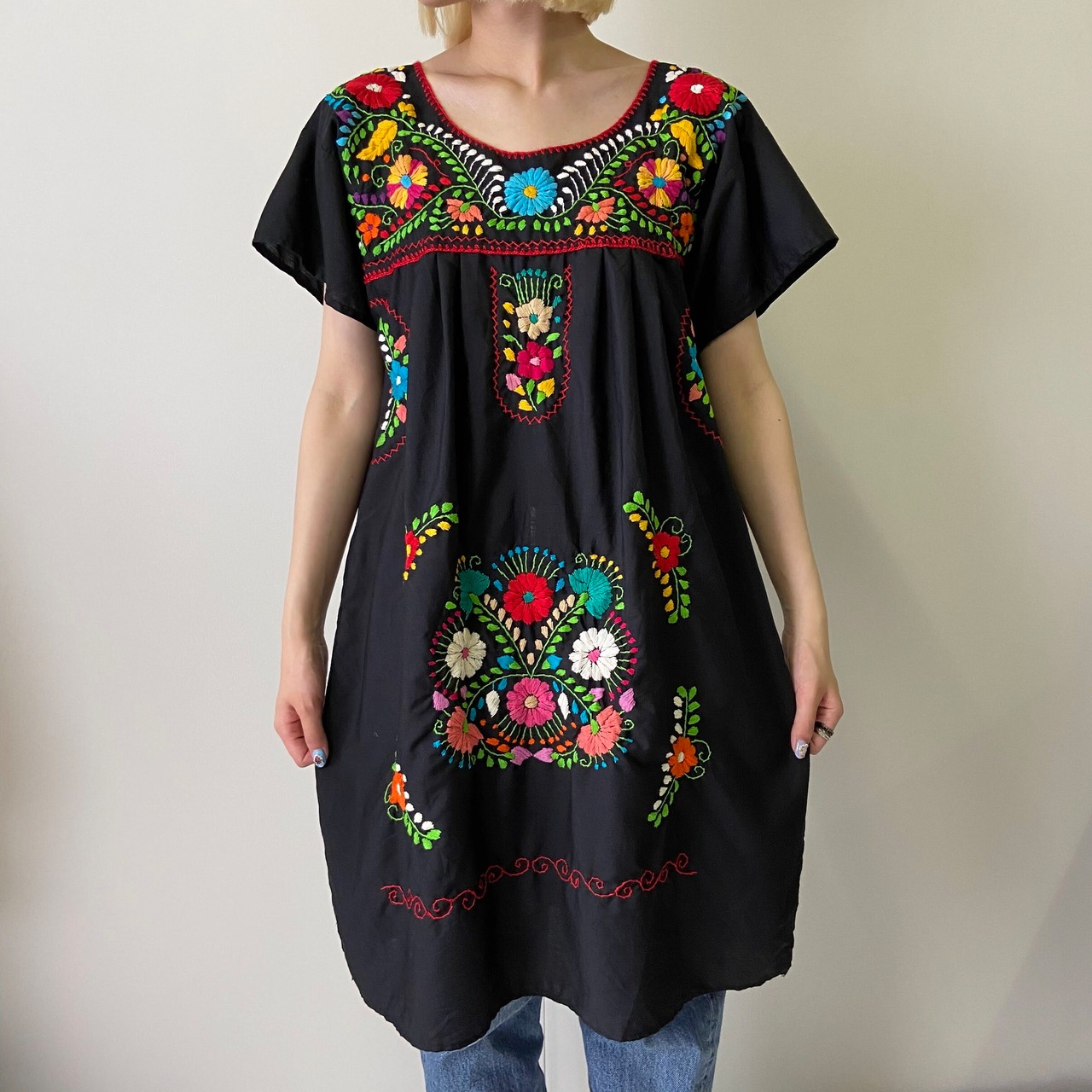 花 刺繍 メキシカンワンピース チュニック レディースM相当 古着 