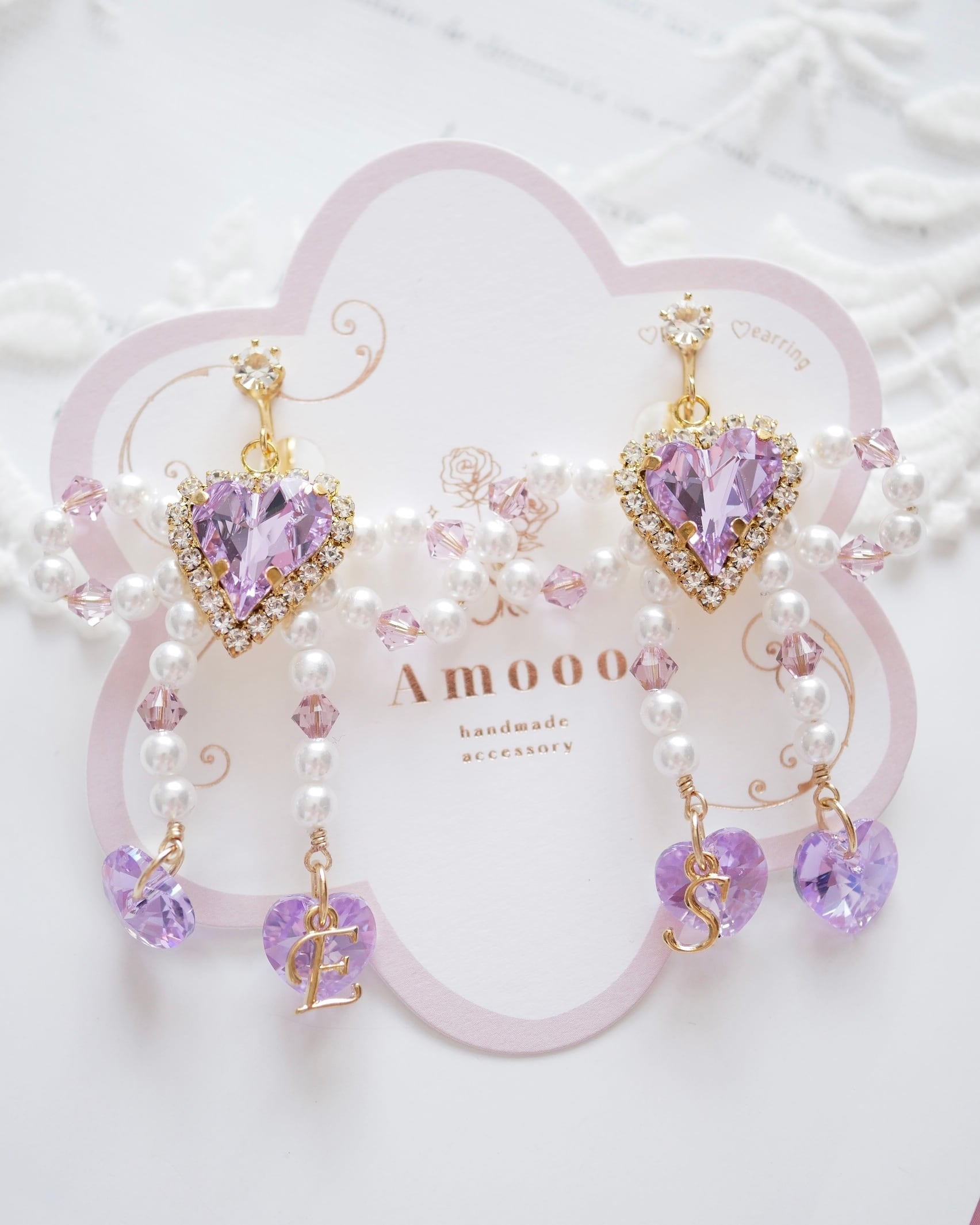 イニシャル追加◎】66 クリスタルハートパールリボンピアス  