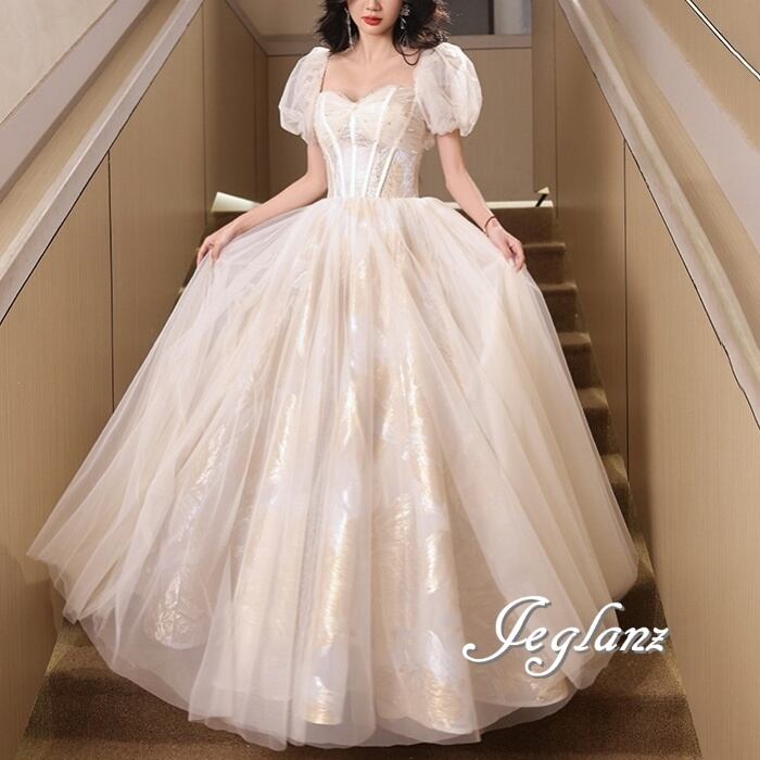 パーティ イブニングドレス パール付き 背中 編み上げ 光沢感 (M8966)ζ